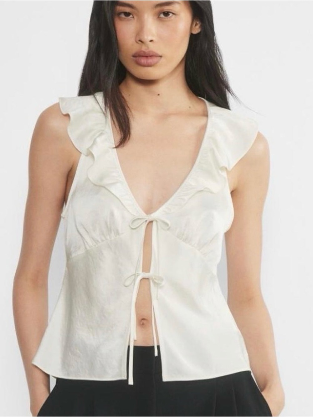 Aritzia Cream Ruffle Tie-Front Sleeveless Top